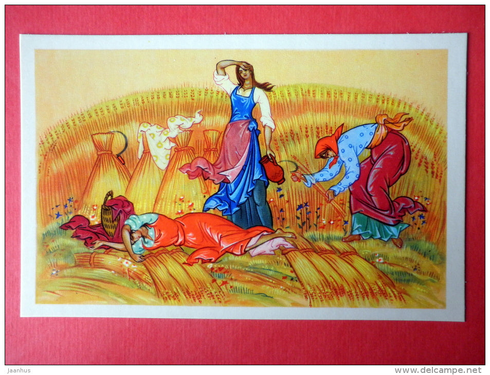 illustration by K. Andrianov - corn harvest - women - Frost the Red Nose by S. Saharnov - 1971 - Russia USSR - unused - JH Postcards