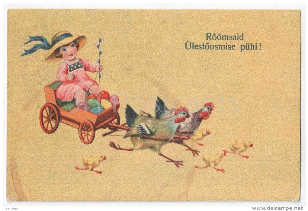 Easter Greeting Card - chicken - girl - carriage - eggs - Amag 0236 - circulated in Estonia Tallinn 1928 - JH Postcards
