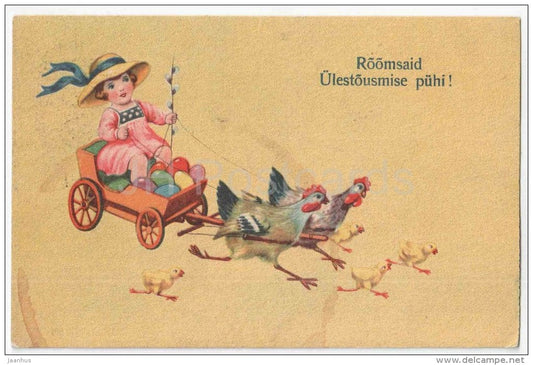 Easter Greeting Card - chicken - girl - carriage - eggs - Amag 0236 - circulated in Estonia Tallinn 1928 - JH Postcards