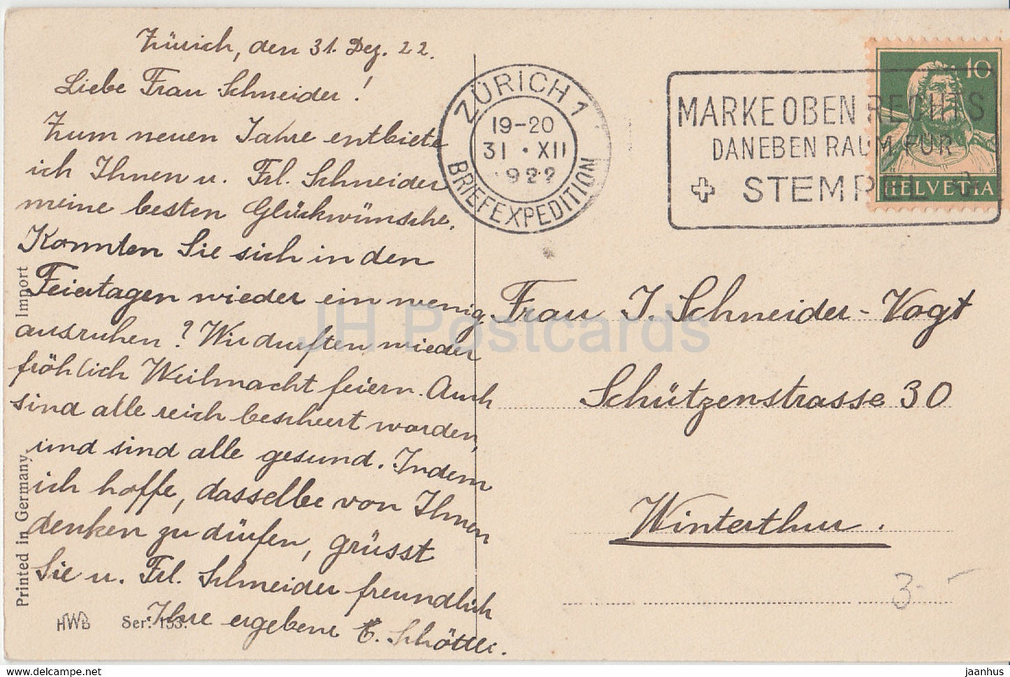 New Year Greeting Card - Ein Frohes Neujahr - winter - deer - animal- HWB SER 153 - old postcard - 1922 - Germany - used