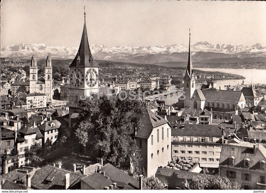 Zurich - Grossmunster St. Peter - Fraumunsterkirche und die Alpen - church - 409 - Switzerland - old postcard - unused - JH Postcards