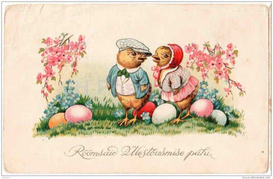 Easter greeting card - eggs - chicken - old postcard - circulated in Estonia - JH Postcards
