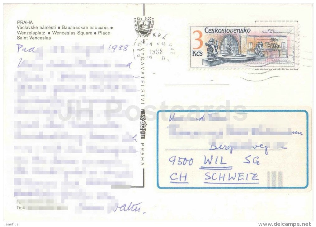 Wenceslas Square - Praha - Prague - Czechoslovakia - Czech - used 1988 - JH Postcards