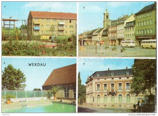 Neubaugebiet Werdau-Ost - Markt - Bad der Sportschule - Werdau - Germany - DDR - old postcard - unused - JH Postcards