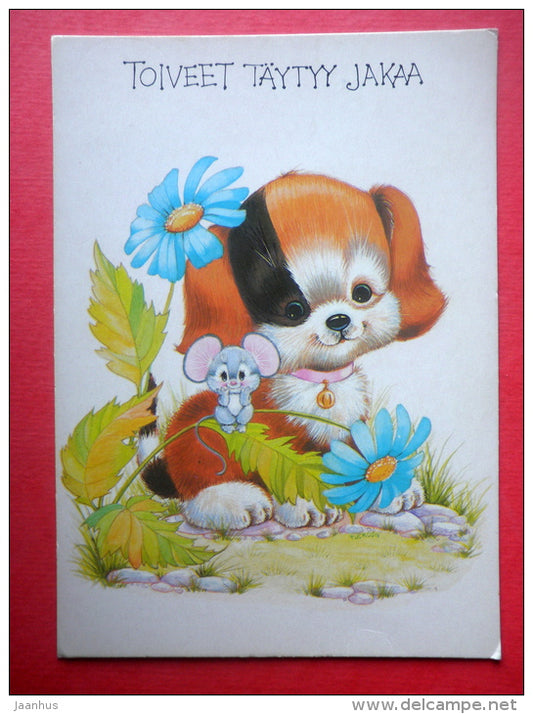 illustration - dog - mouse - flowers - 4686/5 - Finland - circulated in Finland - JH Postcards