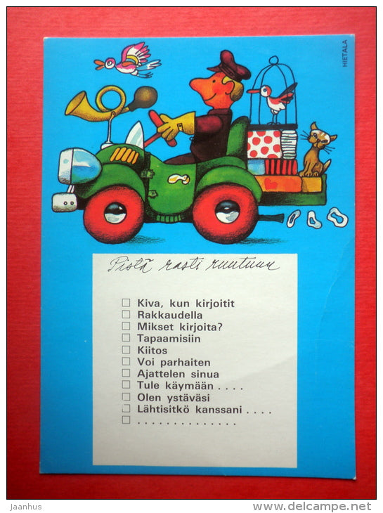 illustration - car - bird - cat - Finland - circulated in Finland 1987 - JH Postcards