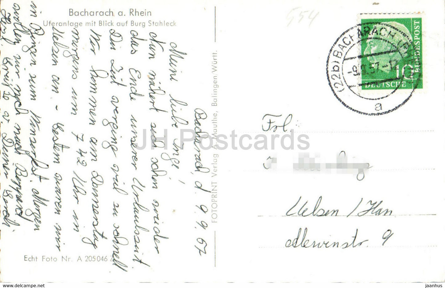 Bacharach a Rhein - Uferanlage mit Blick auf Burg Stahleck - carte postale ancienne - 1957 - Allemagne - utilisé