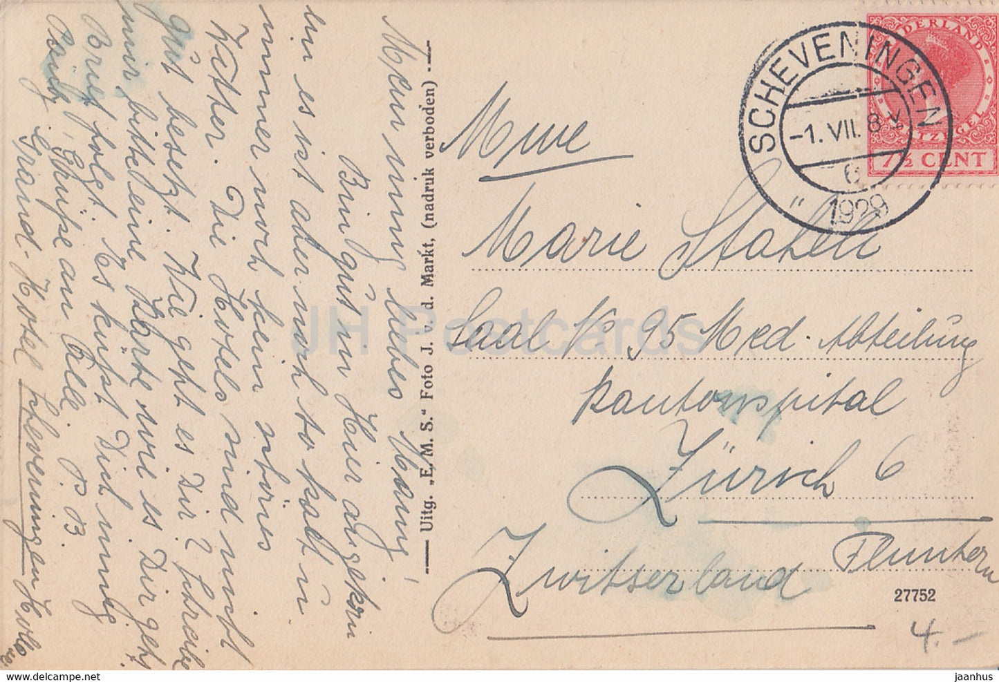 Scheveningen - Strand met Grand Hotel - beach - 27752 - old postcard - 1929 - Netherlands - used