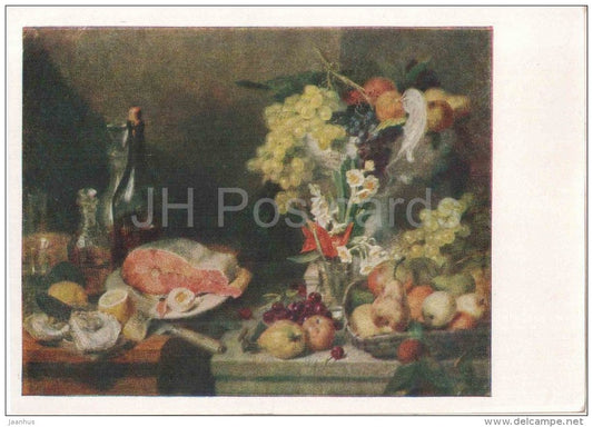 painting by V. Golike - Fruits and flower , 1832 - fish - peach - apple - russian art - unused - JH Postcards