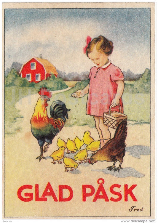 mini Easter Greeting Card by Fred - girl - rooster - chicken - Sweden - used - JH Postcards