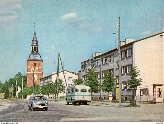 Valmiera - Lenin Street - car Moskvich - bus - old postcard - Latvia USSR - unused - JH Postcards