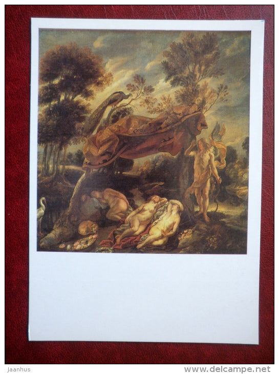 painting by Jacob Jordaens , Cupid and seeping Nymphs - peacock - flemish art - unused - JH Postcards