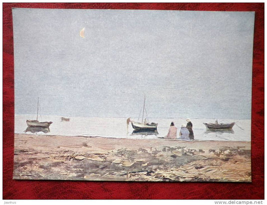 Painting by M. V. Kupriyanov - evening Azov sea , 1959-  boats - russian art - unused - JH Postcards
