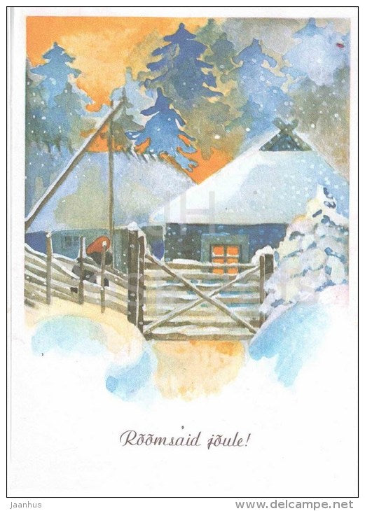 Christmas greeting card by M. Värv - farm house in winter - 1991 - Estonia USSR - used - JH Postcards