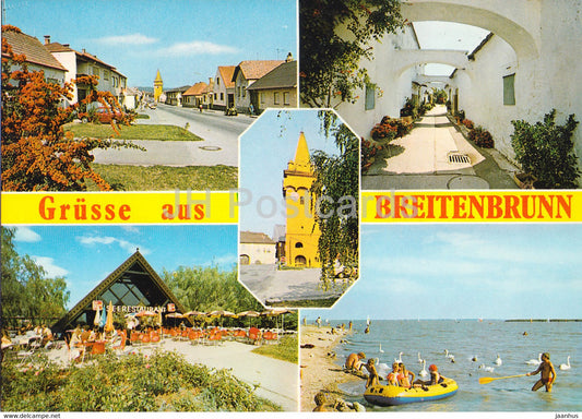 Grusse aus Breitenbrunn - Hauptstrasse - Alter Hof - Wehrturm - Seerestaurant - multiview - Austria - unused - JH Postcards