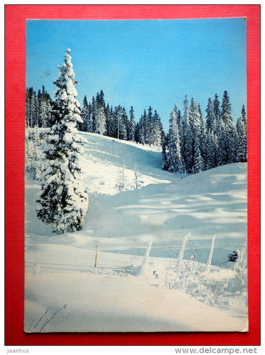Christmas Greeting Card - winter landscape - forest - 2218/6 - Finland - circulated in Finland 1974 - JH Postcards