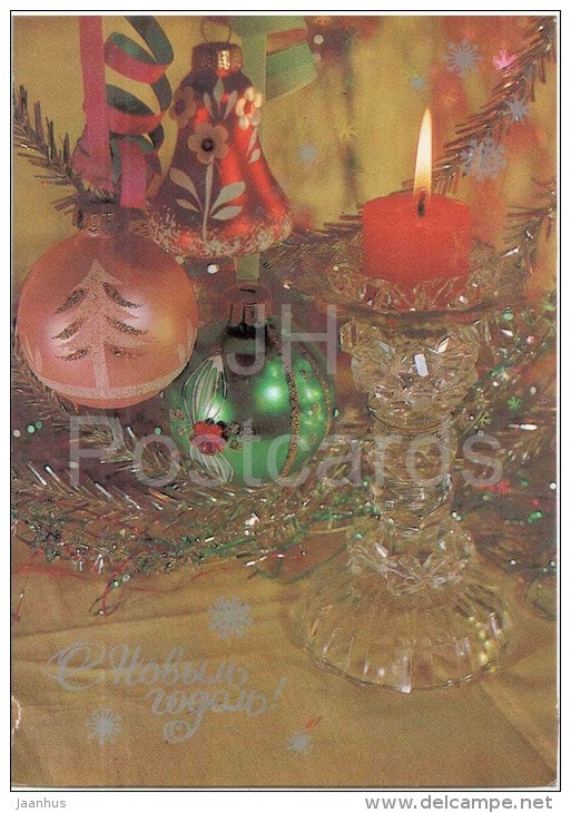New Year greeting card - candle - decorations - stationery - 1984 - Russia USSR - used - JH Postcards