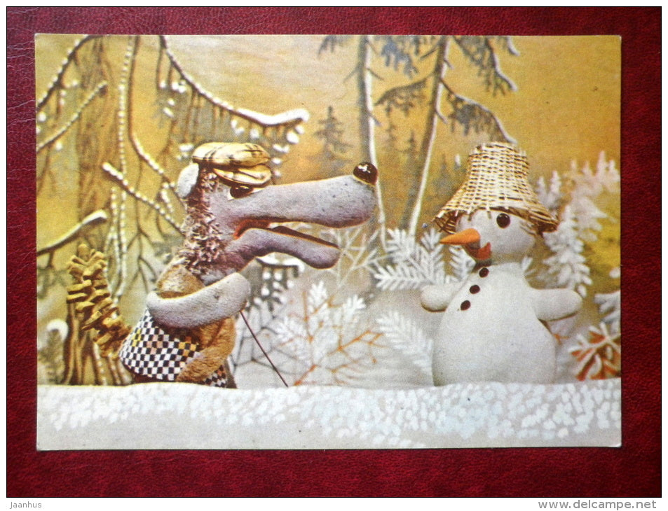New Year Greeting card - puppetry - snowman - wolf - 1978 - Estonia USSR - unused - JH Postcards
