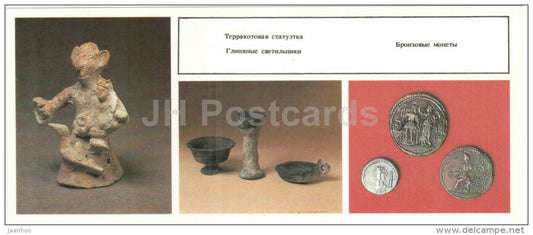 terracota statue - clay lamps - bronze coins - archaeology - Tanais - Ancient Greek city - 1986 - Russia USSR - unused - JH Postcards