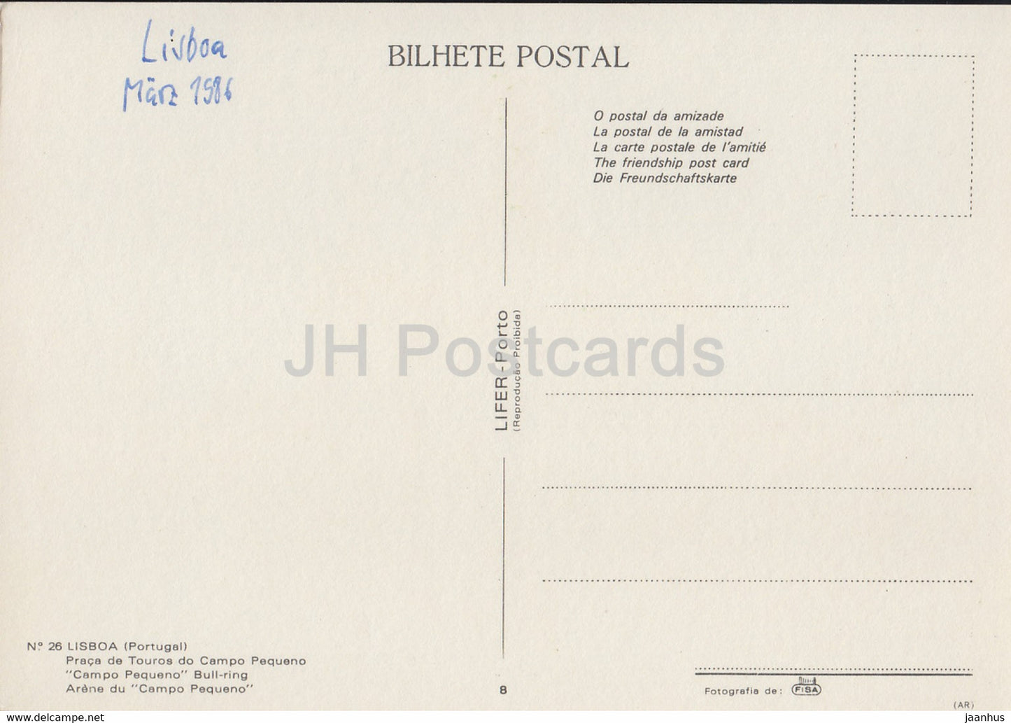 Lisbon - Lisboa - Praca de Touros do Campo Pequeno - bull ring - 26 - 1986 - Portugal - used