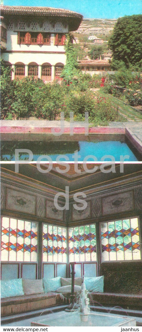 Bakhchysarai - view of the Fruit Cabinet and Summer Gazebo - interior of Summer Gazebo - 1984 - Ukraine USSR - unused - JH Postcards