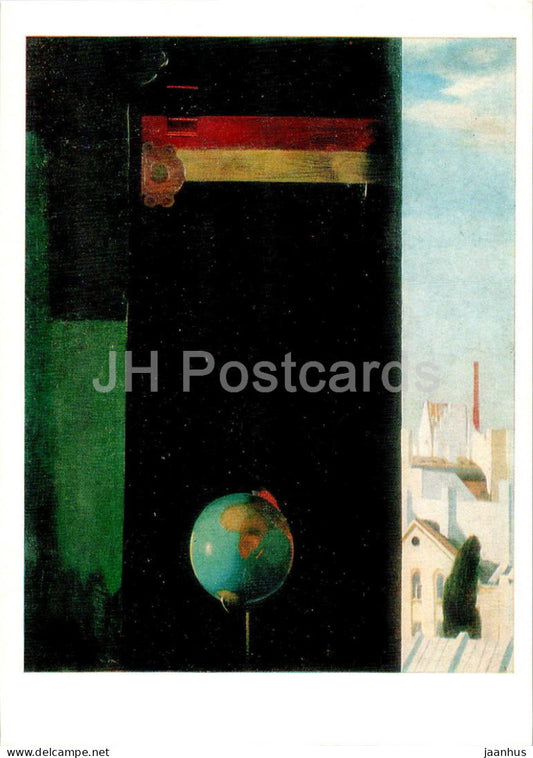 painting by Janusz Kaczmarski - Still Life with landscape and globe - Polish art - 1977 - Russia USSR - unused