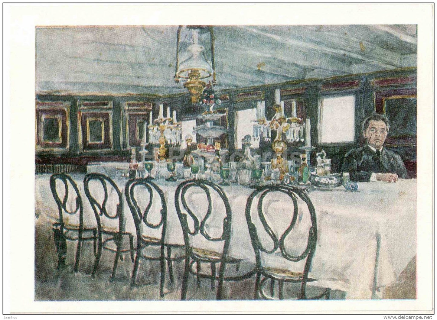 painting by Vasily Surikov - In the dining room on the steamer , 1880s - aquarelle - russian art - Russia USSR - unused - JH Postcards