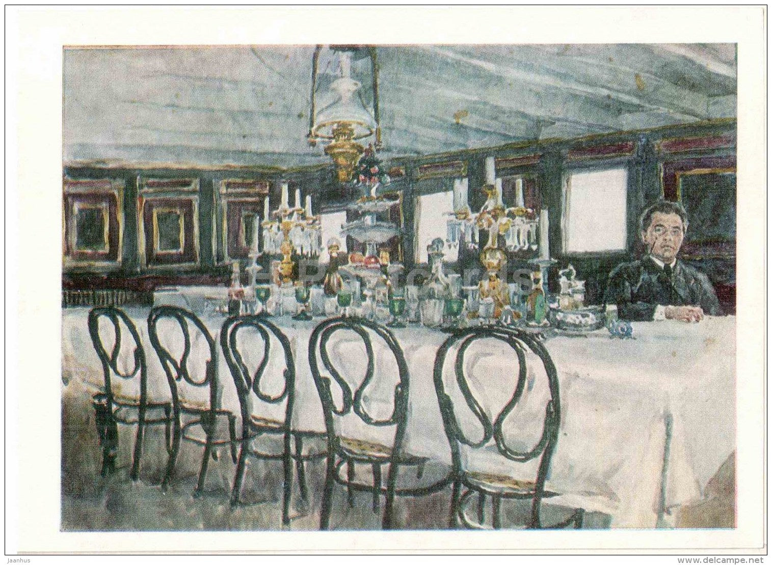 painting by Vasily Surikov - In the dining room on the steamer , 1880s - aquarelle - russian art - Russia USSR - unused - JH Postcards