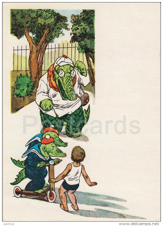 illustration - boy - crocodiles - Moydodyr by K. Chukovsky - Wash-'em-Clean - fairy tale - 1970 - Russia USSR - unused - JH Postcards