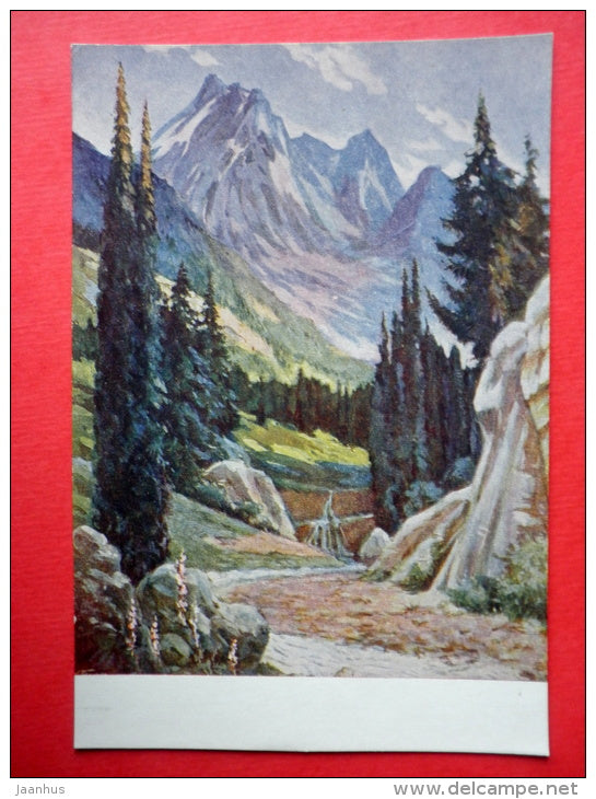 painting by Alexey Podkovyrov - Small Almaty Gorge . Abaya Peak - russian art - unused - JH Postcards