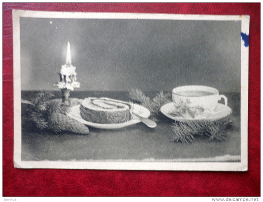 Christmas Greeting Card - candle - cake - cone - cup of tea - 1920s-1930s - Estonia - used - JH Postcards