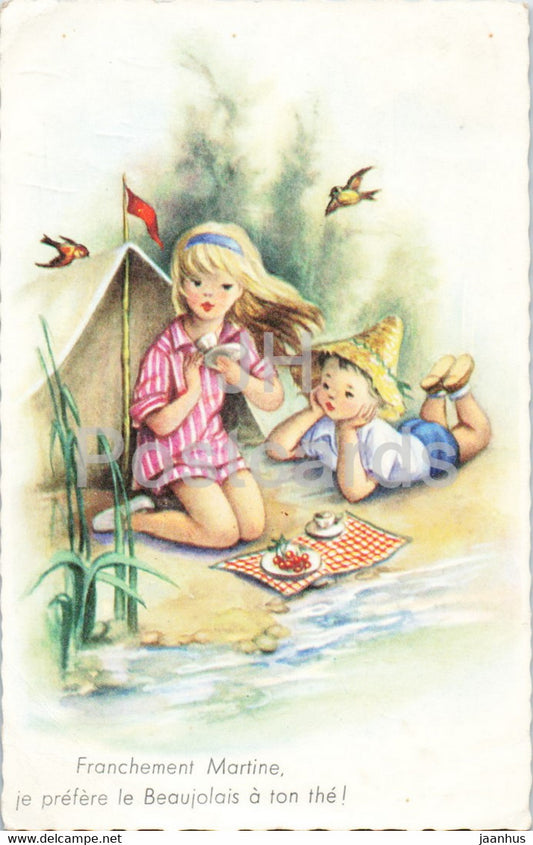 Franchement Martine je prefere le Beaujolais a ton the - boy and girl - illustration - 1984 - France - used - JH Postcards