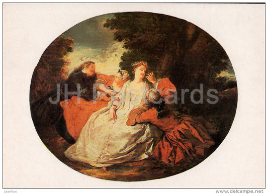 painting by Jean Francois de Troy - Scene in the Park - couples - French art - Russia USSR - 1986 - unused - JH Postcards