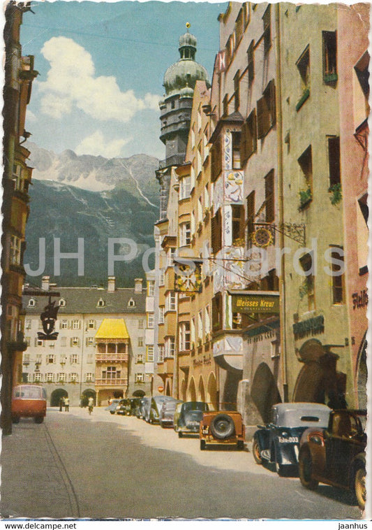 Innsbruck - Herzog Friedrich Strasse mit Stadtturm und Goldenem Dachl - old cars - 1954 - Austria - used - JH Postcards