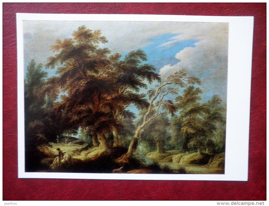 painting by Alexande Keirincx - Huntsmen in the Forest - dog - horse - flemish art - unused - JH Postcards