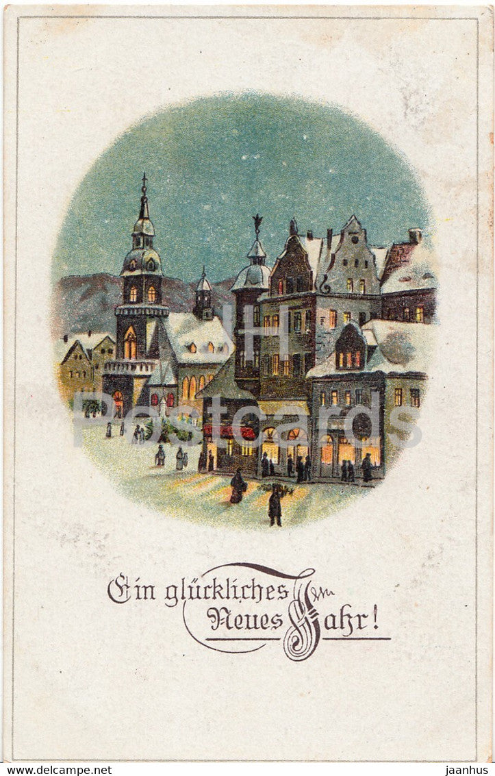 New Year Greeting Card - Ein Gluckliches Neues Jahr - town view - S V D 3403/1 - old postcard - 1921 - Germany - used - JH Postcards