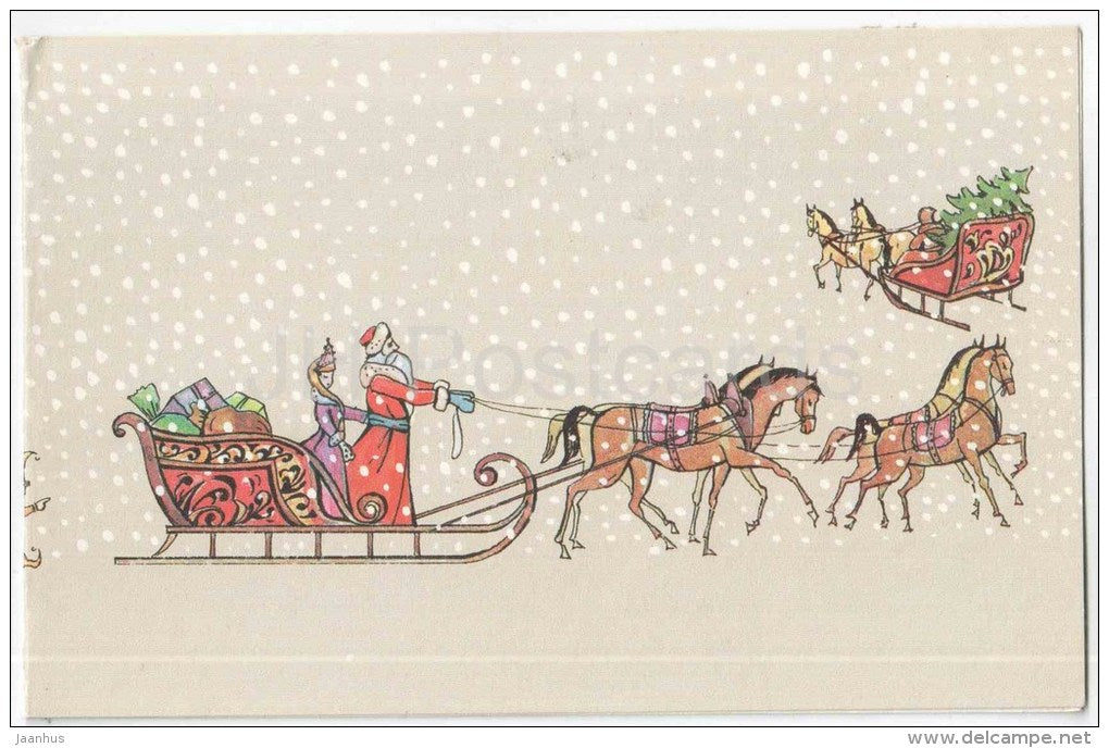 New Year greeting card by Trendelyeva - Ded Moroz - Santa Claus - horse sledge - fool - 1984 - Russia USSR - used - JH Postcards
