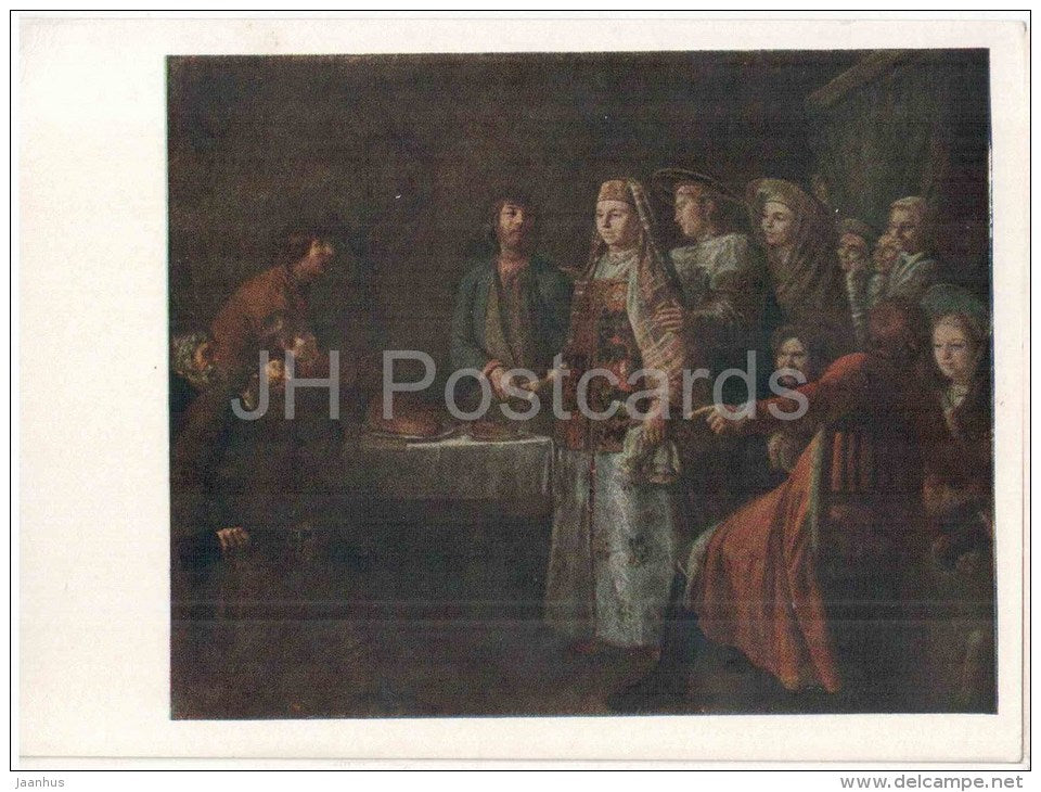painting by M. Shibanov - Match-Making , 1777 - russian art - unused - JH Postcards