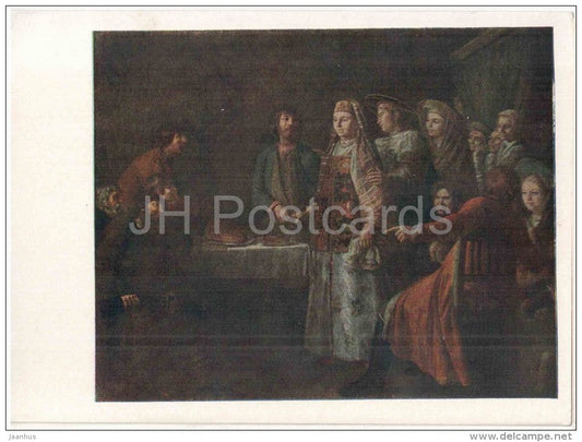 painting by M. Shibanov - Match-Making , 1777 - russian art - unused - JH Postcards