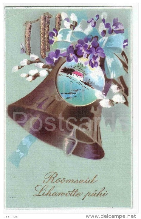 Easter Greeting Card - bell - catkins  - circulated in Estonia 1933 - JH Postcards