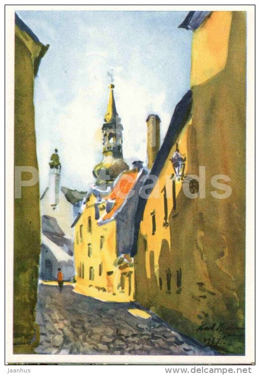 illustration by K. Burman - Linnuse street at Toompea hill - old town - Tallinn - 1968 - Estonia USSR - unused - JH Postcards