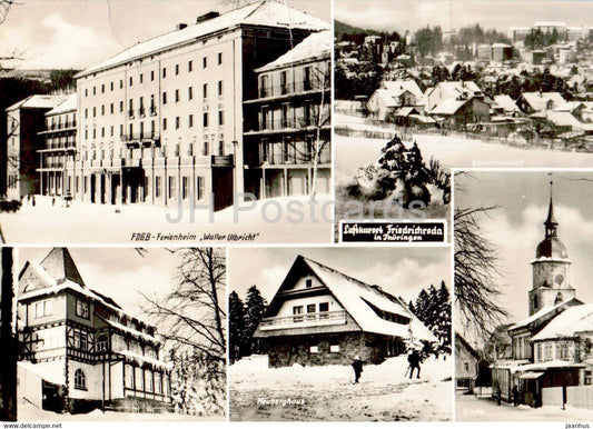 Luftkurort Friedrichroda - FDGB Ferienheim Walter Ulbricht - Kirche - Heuberghaus - old postcard - Germany DDR - used - JH Postcards