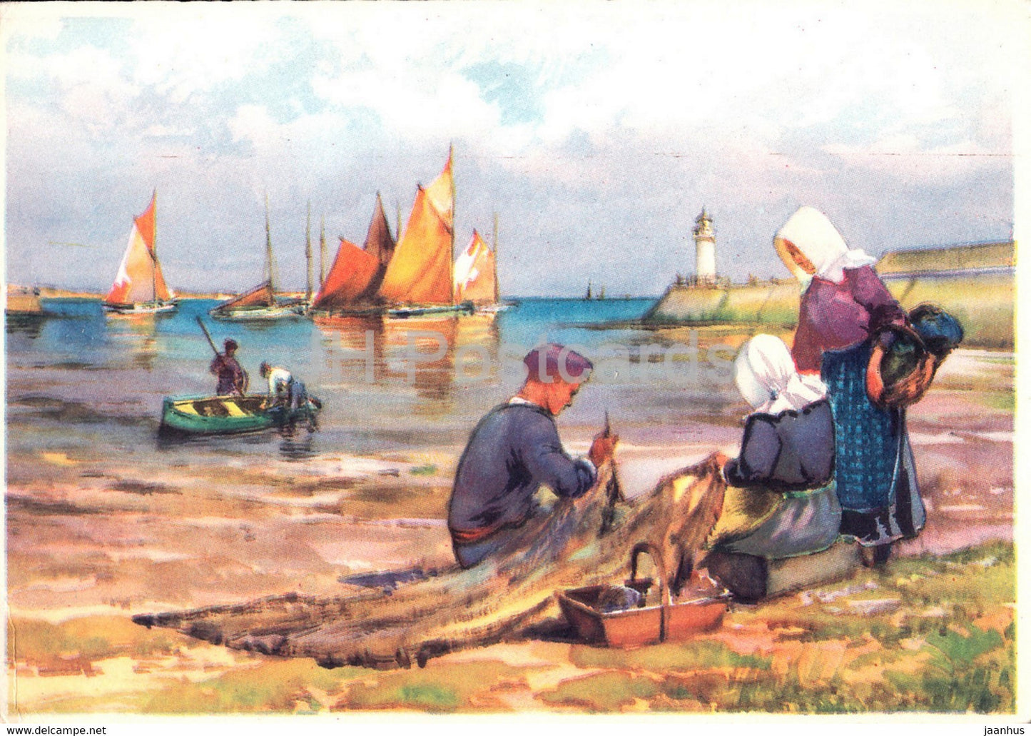 painting - sea - fisherman - 1002 - boat - France - unused - JH Postcards