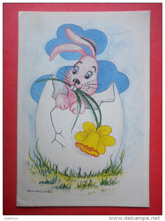 Easter Greeting Card by Leila Myllymäki - I- hare - egg - daffodil - Finland - circulated in Finland - JH Postcards