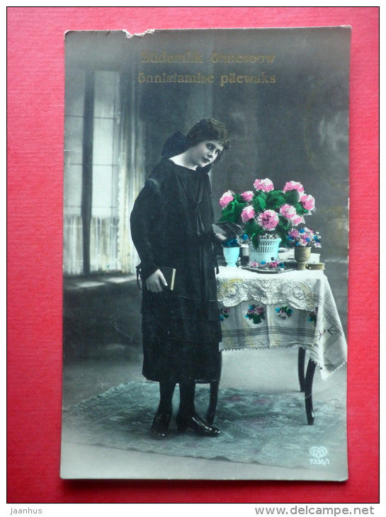 young woman - flowers - EAS 7336/1 - circulated in Estonia - JH Postcards