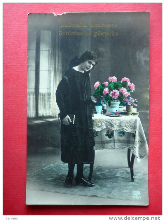 young woman - flowers - EAS 7336/1 - circulated in Estonia - JH Postcards