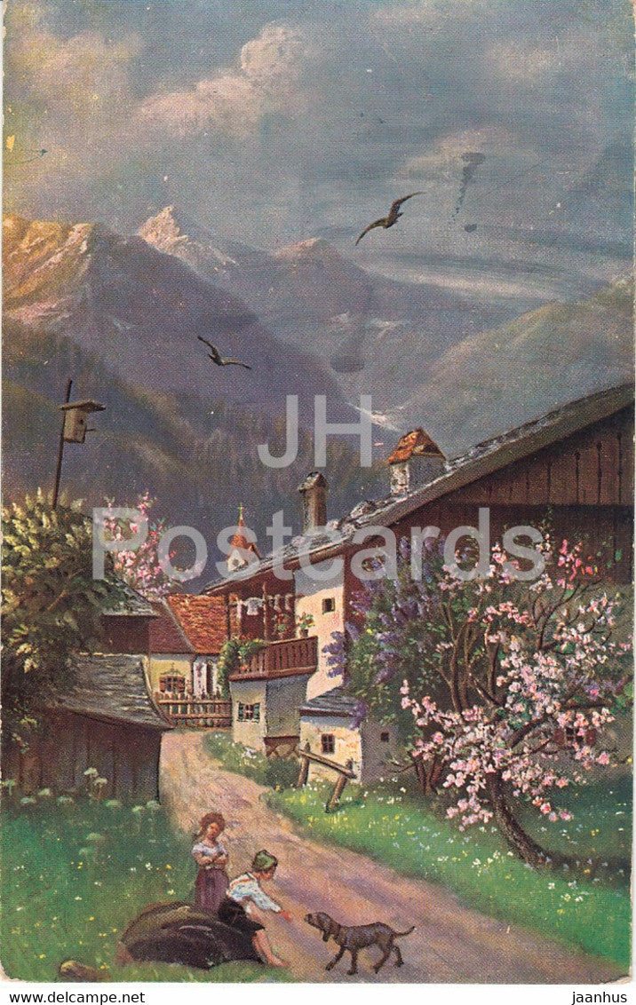 children - dog - village road - WSSB 6930 - old postcard - 1928 - used - JH Postcards