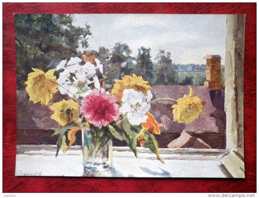 Painting by P. N. Krylov - flowers on the window , 1957 - russian art - unused - JH Postcards
