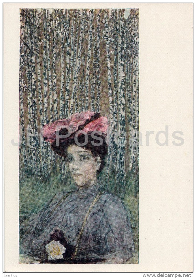 painting by M. Vrubel - Portrait of Zabela-Vrubel in the Birch Brove , 1904 - Russian art - 1959 - Russia USSR - unused - JH Postcards