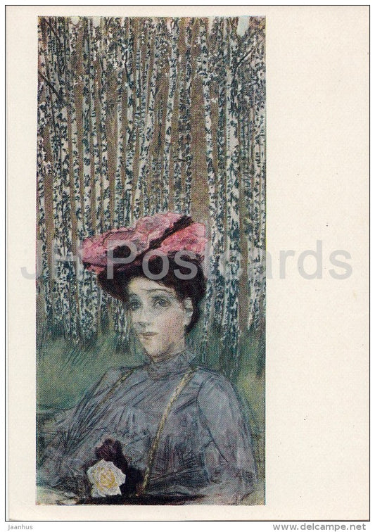 painting by M. Vrubel - Portrait of Zabela-Vrubel in the Birch Brove , 1904 - Russian art - 1959 - Russia USSR - unused - JH Postcards